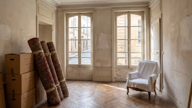 Tapis persans roulés et attachés près de cartons de déménagement dans un appartement ancien d’Aix-en-Provence (illustration)